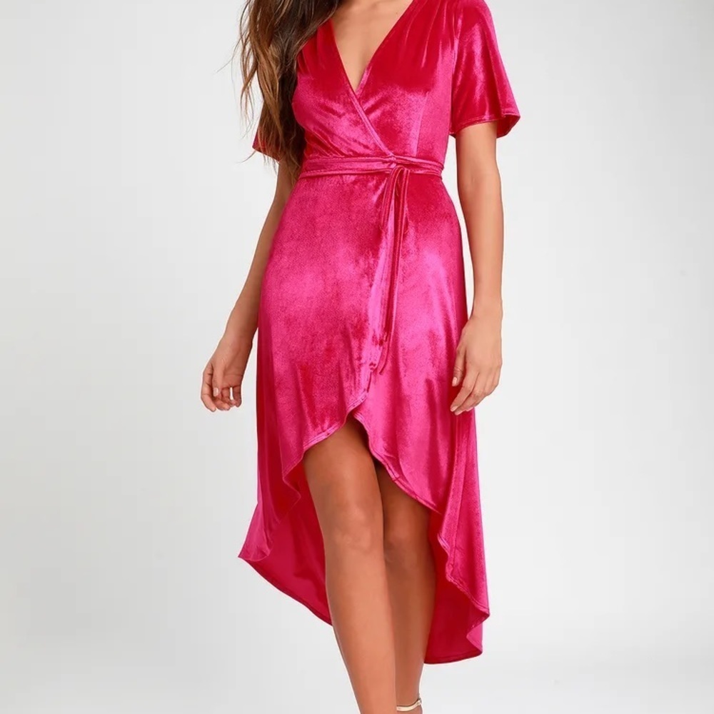 Lulus amor hot pink velvet high low wrap dress